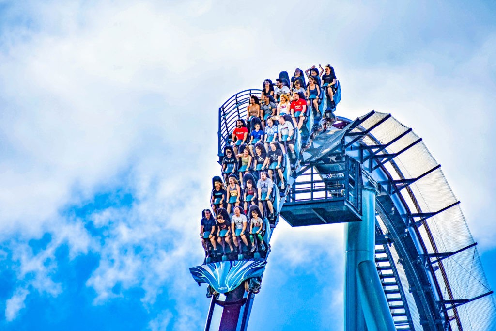 Orlando, Florida. December 26, 2018. People enjoy thrills for ride of the Mako roller coaster in amusement park at Seaworld in International Drive area.