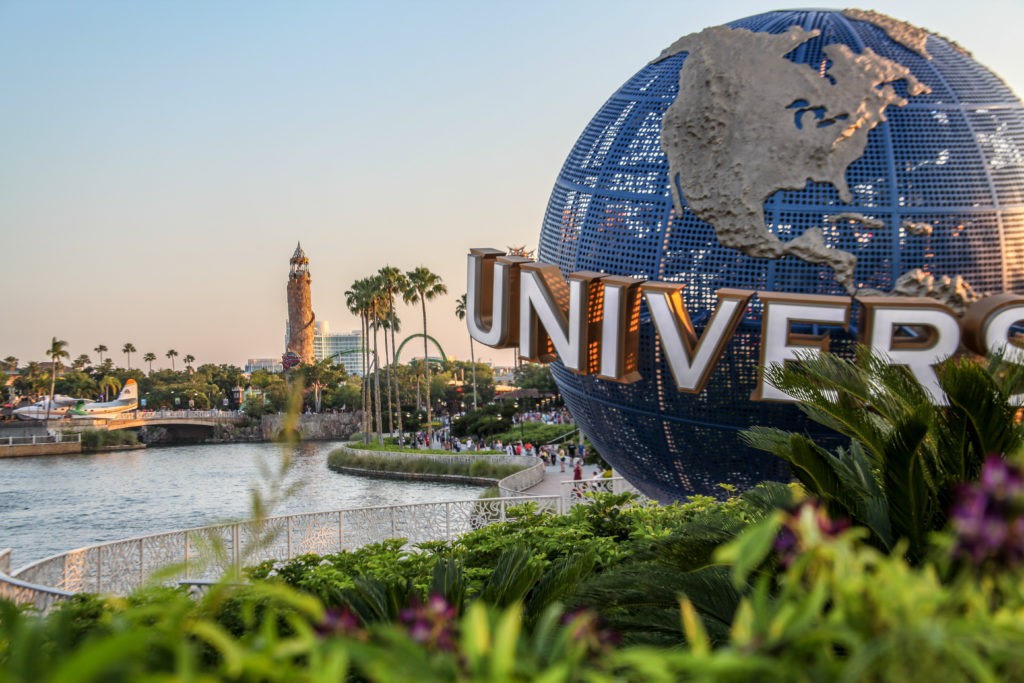 Orlando, Florida, USA - July 27, 2019: The famous globe of planet Earth, icon on Universal Studios, the logo and the typography of the word "Universal", symbol of one of the city's major theme parks.