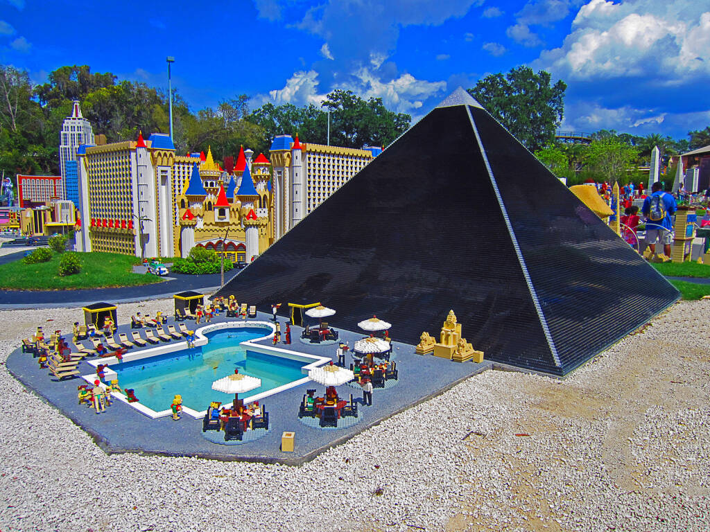 WINTER HAVEN, FL - MARCH 24, 2012: The 
Luxor Las Vegas pyramid shaped hotel and casino constructed out of Lego bricks on display at Legoland Florida. 