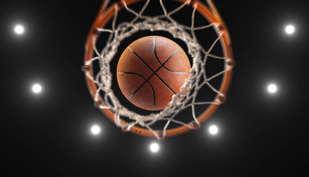 3D renderowania koszykówki na obręczy i oświetlenie ze stadionu dachowego