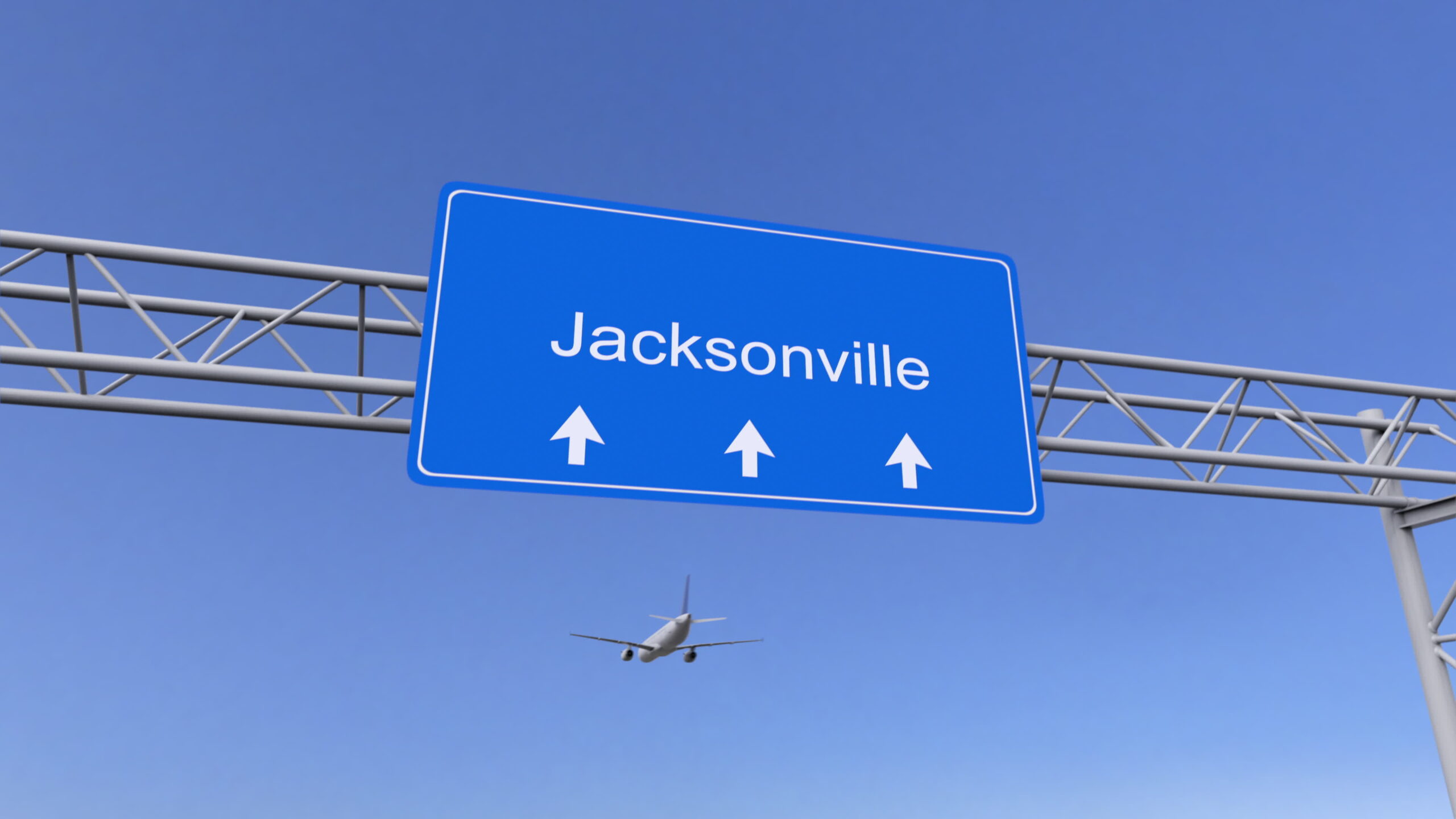 Samolot komercyjny przylatujący na lotnisko w Jacksonville. Podróż do Stanów Zjednoczonych koncepcyjny rendering 3D, licencja: shutterstock/By Novikov Aleksey
