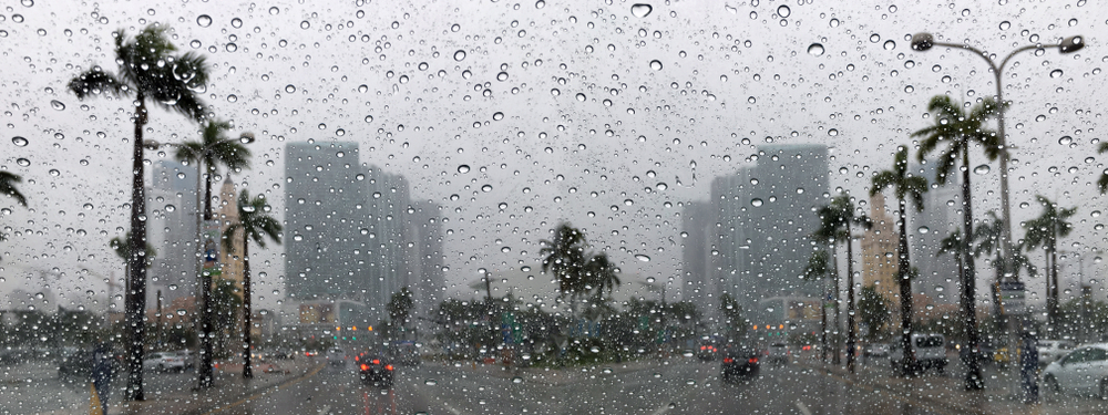 Downtown Miami streets rainy day 