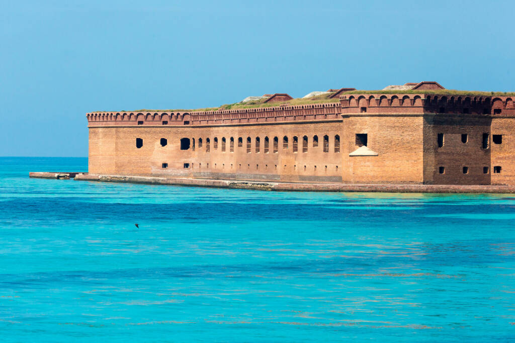 Landscape view of the outside of Fort Jefferson during the day in Dry Tortugas National Park (Florida).