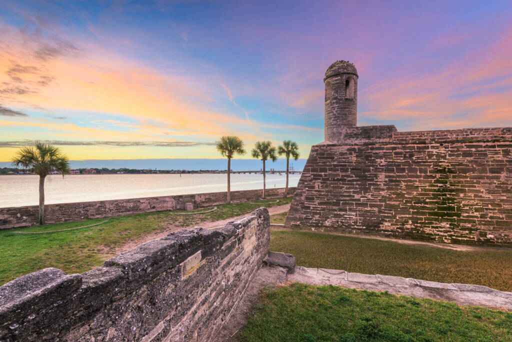St. Augustine, Florida at the Castillo de San Marcos National Monument at dusk.