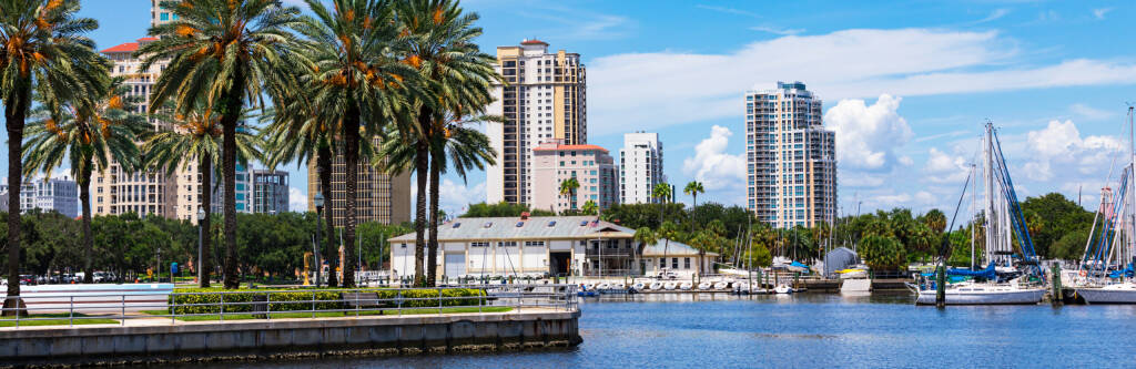 August 21. 2019. View of the Tampa Bay Waterfront in Downtown St. Petersburg, Florida, USA. Panoramic image.