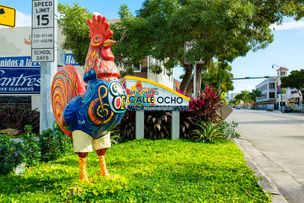 Miami, FL USA - December 18, 2016: Colorful artwork and signage on display at the entrance to the popular Calle Ocho in historic Little Havana.