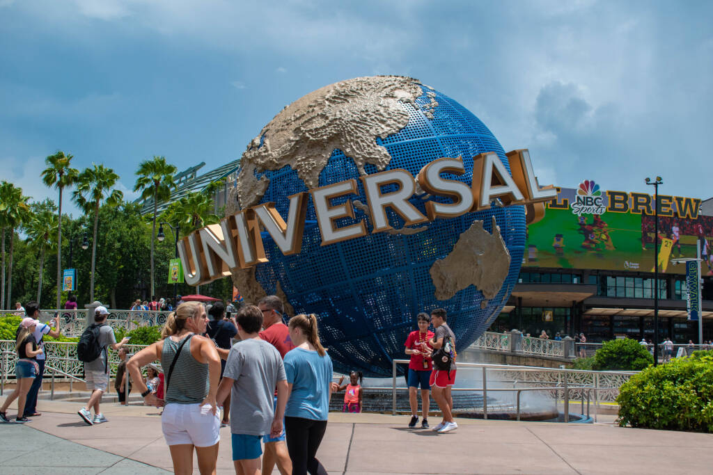 Orlando, Florida. August 07, 2019. People taking photos next to Universal sphere at Universal Studios area 1