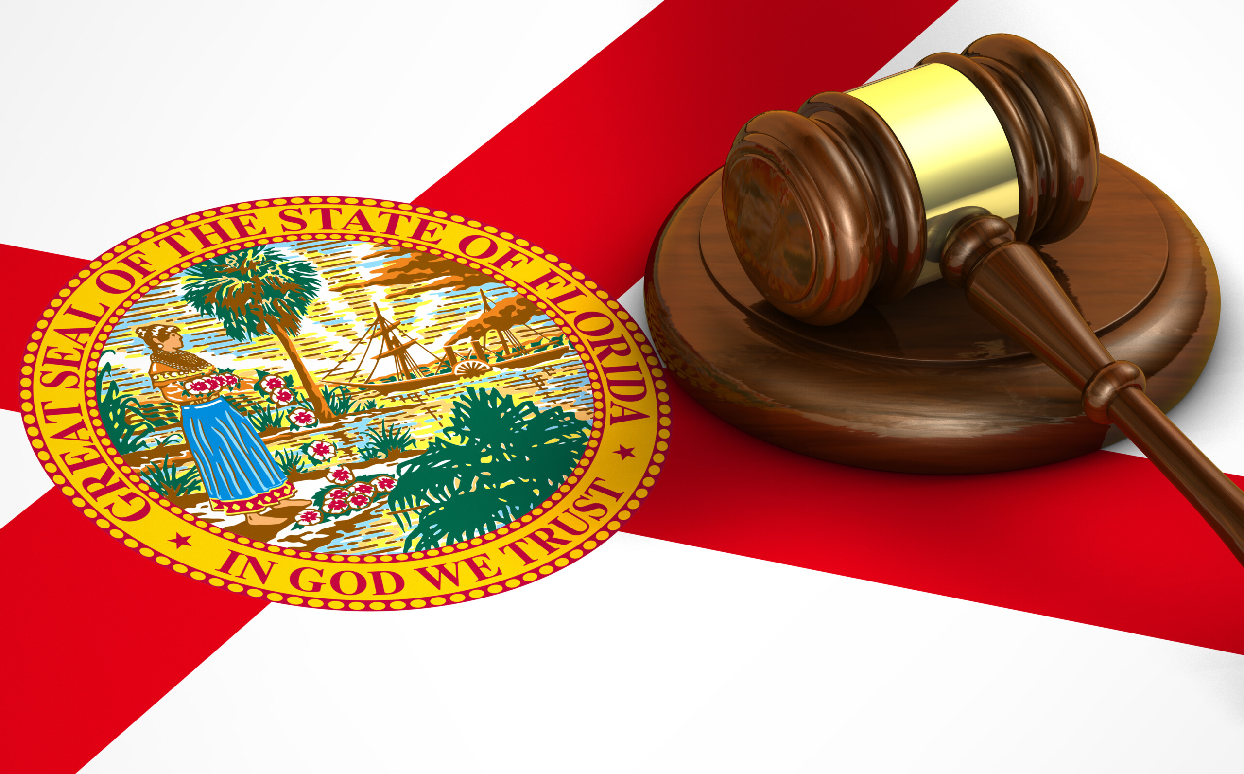 Prawo stanu Floryda USA, kodeks, system prawny i koncepcja wymiaru sprawiedliwości z trójwymiarowym renderowaniem młotka na fladze Florydy w tle., licencja: Shutterstock/By