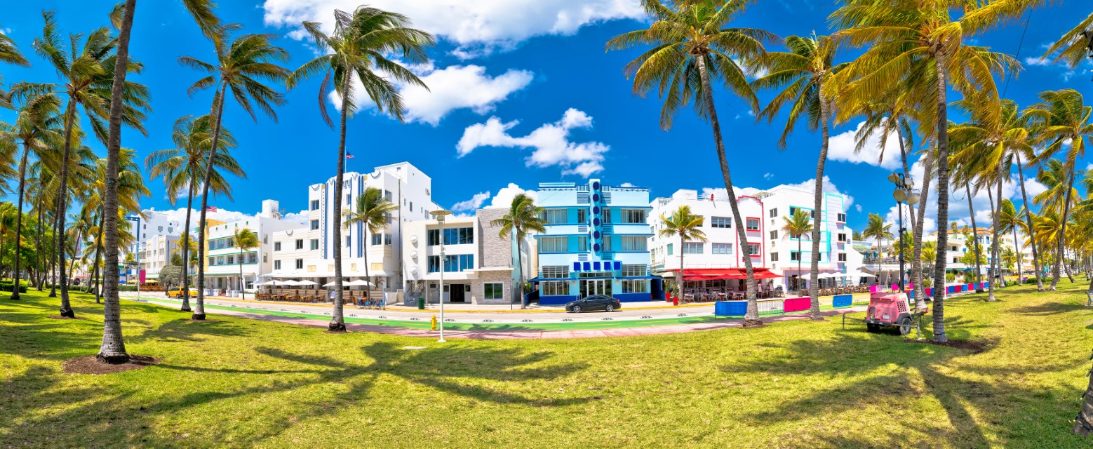 Miami South Beach Ocean Drive colorful Art Deco street architecture panoramic view, Florida state in United States of America